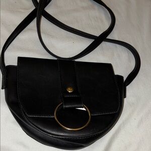 Black Crossbody Shoulder Bag with Gold Ring Accent